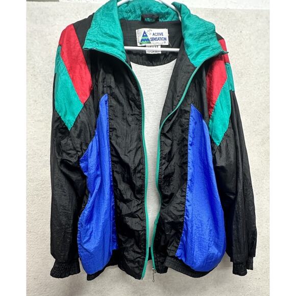 Vintage 80s 90s Windbreaker Size Large Active Sensations Track Suit Jacket Black - Picture 7 of 9